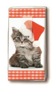 ペーパーナプキン　クリスマス帽子キャット　ポケットサイズ　ハンキー[Paper+Design]ドイツ製ペーパーナフキン・紙ナプキン　子ネコ　子猫　キャット