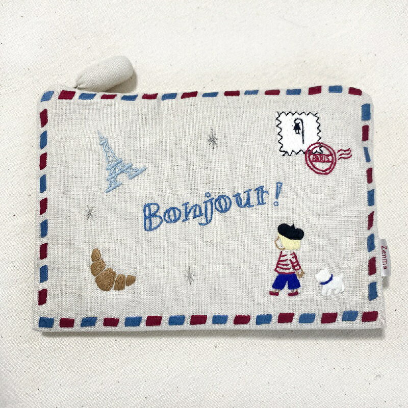 手刺繍ポーチ ファスナーフラットポーチ エアメール ボンジュール！ Zenma ゼンマ ハンドメイド コスメポーチ