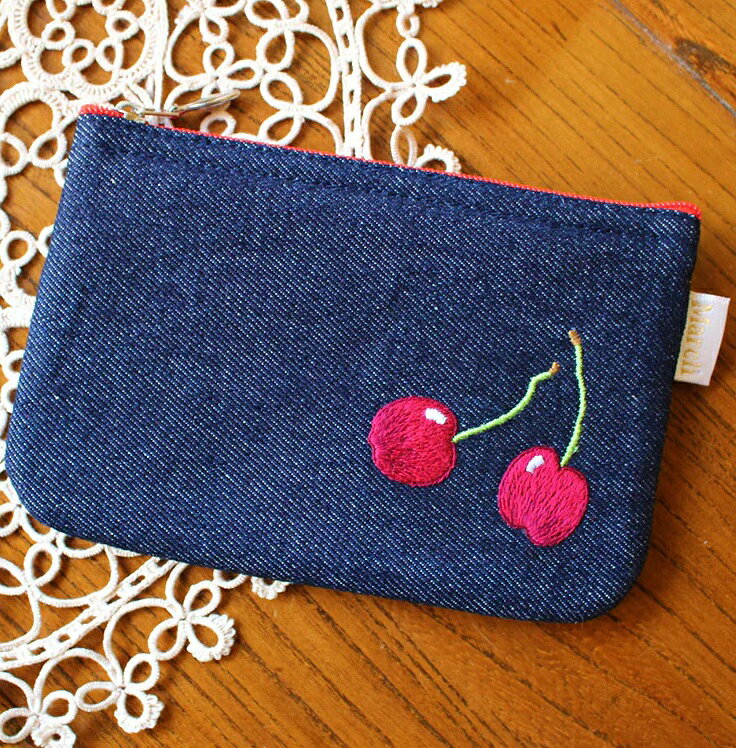 Other - 手刺繍ポーチ March ファスナーポーチチェリー Zenma ハンドメイド リネン ベトナム刺繍 さくらんぼ サクランボ