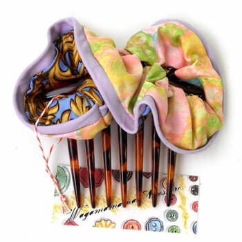 コーム付きシュシュブルー唐草xパープルパイピング [わがままなAccessoire]日本製シルク・コットン