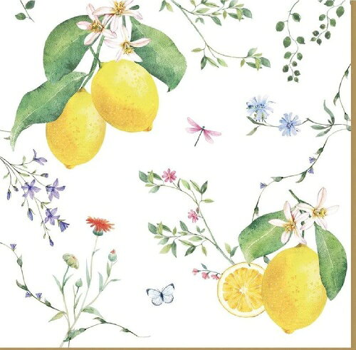 ペーパーナプキン 花とレモン　Fleurs Et Citrons Nuova ヌオヴァ　イージーライフ デザインペーパー 紙ナプキン デコパージュ れもん 檸檬 シトラス 柑橘類 くだもの 果実