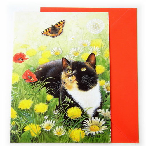 多目的カード アイボリーキャッツ 蝶を追う三毛猫 Flame tree Publishing Lesley Anne Ivory グリーティングカード猫 ネコ ねこ Cat キャット