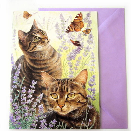 多目的カード アイボリーキャッツ ラベンダーと二匹猫 Flame tree Publishing Lesley Anne Ivory グリーティングカード猫 ネコ ねこ Cat キャット
