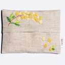 手刺繍ティシュケース ミモザ Zenma ゼンマ ハンドメイド ポケットティッシュケース・ポケットティッシュ入れ・ポケットティッシュカバー