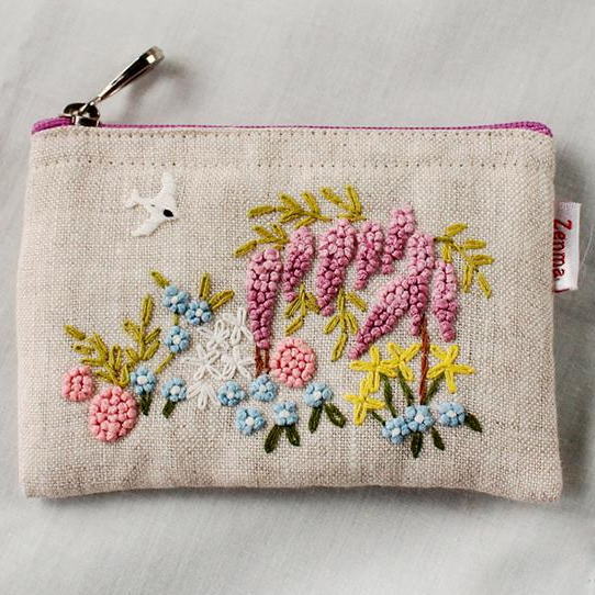 楽天KADERIA手刺繍ポーチ　ミニポーチ　春の庭　Zenma ゼンマ　ハンドメイド　アクセサリーポーチ・ファスナーポーチ・カードポーチ・カード入れ・小銭入れ　春の庭シリーズ・・春ガーデン・猫刺繍