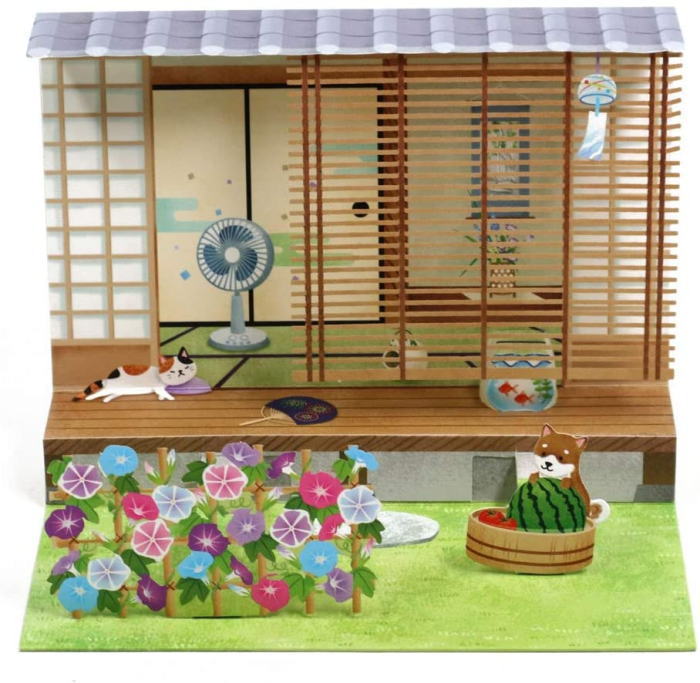 S4230　夏カード　夏の縁側　猫と犬と金魚と朝顔　Sanrio　サンリオ　切り絵カード・夏カード・扇風機..