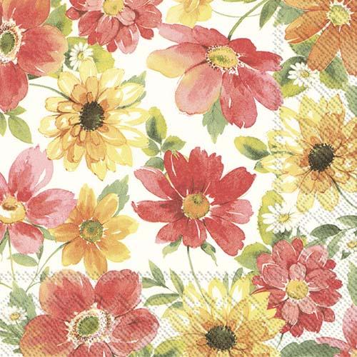 ペーパーナプキン ジョセフィーヌ　赤と黄色の花　白地[IHR］花柄