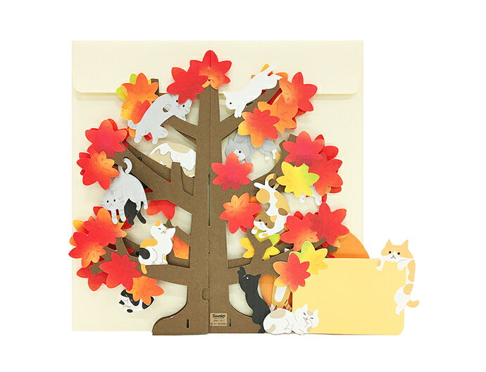 秋カード　立体　紅葉の木に猫一杯　Sanrioサンリオ　季節のカード　立てて飾れる...