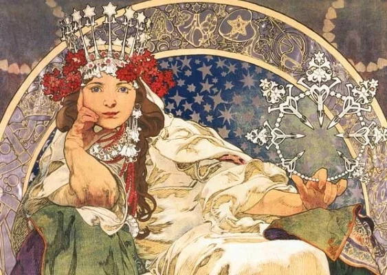 輸入ポストカード ミュシャ プリンセス オータム 横ブルー Alphonse Mucha アルフォンス ミュシャ イギリス製 絵葉書 名画シリーズ