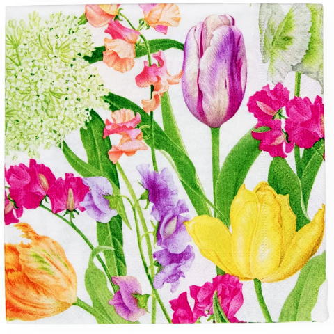 5枚 ペーパーナプキン スプリングフラワーショー Caspariカスパリ フラワー 花 春 イースター 白地 チューリップ スイートピー