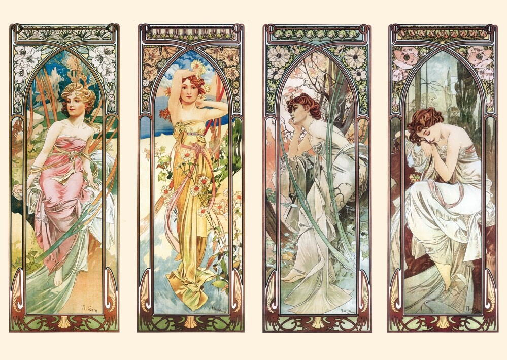 輸入ポストカード 春夏秋冬 フォーシーズン3 Alphonse Mucha アルフォンス ミュシャ ドイツ製　絵葉書　名画シリーズ