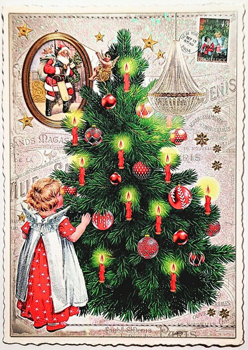 ■生産：ドイツ■サイズ：105X148mm■素材：紙　厚手輸入ポストカード縁は波型にダイカット加工されており、背景がラメ加工されておりキラキラしています。※ダイカットのため定形外郵便となります。切手を貼ってそのまま送ったり、荷物にメッセージカードとして同封したり,ペーパークラフトやラッピング素材、ツリーオーナメントや手作りタグ素材としても。気持ちを伝えるのなら、やっぱり手書きのカードが一番。小さな額に入れたり、敢えてそのまま飾ったりと手軽なインテリアとして楽しむことも非常に多いポストカード。永遠に定番の雑貨アイテムです。ドイツのポストカード♪