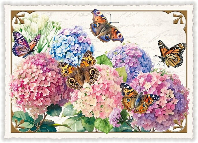 輸入ポストカード エディションタウゼンドシェーン あじさいと蝶々 Easter Edition Tausendschon ラメ＆ダイカット加工 ドイツ製 輸入ポストカード アジサイ 紫陽花 バタフライ チョウ