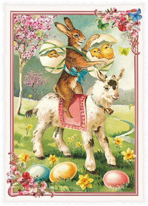 イースターポストカード エディションタウゼンドシェーン ヤギに乗るウサギ Easter Edition Tausendschon ラメ＆ダイカット加工 ドイツ製 ラビット ウサギ うさぎ 輸入ポストカード やぎ 山羊