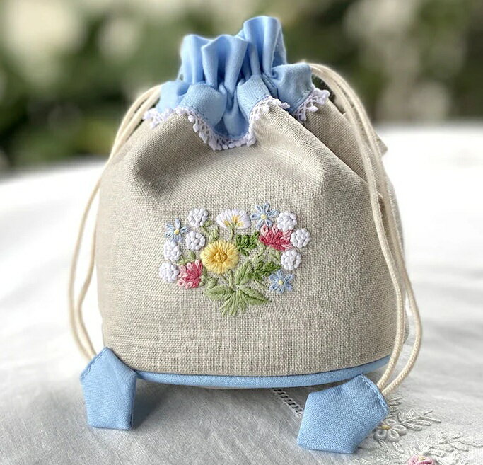 手刺繍巾着 ミニバレル巾着 花束 MyNuミニ巾着 ハンドメイドポーチ 化粧ポーチ コスメポーチ