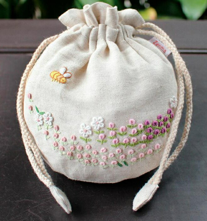 手刺繍ポーチ 花畑 ミニ巾着Zenma ハンドメイド小物入れ ハンドメイドポーチ ベトナム刺繍