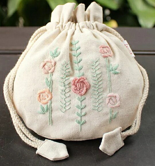 手刺繍ポーチ ローズライン ミニ巾着Zenma ハンドメイド小物入れ ハンドメイドポーチ ベトナム刺繍
