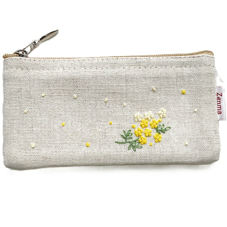 手刺繍ポーチ ミニスリムポーチ ミモザ Zenma ゼンマ ハンドメイド　アクセサリーポーチ ファスナーポーチ カードポーチ・カード入れ 小銭入れ