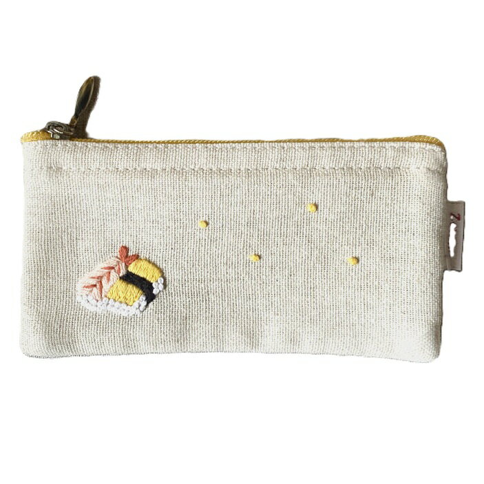 手刺繍ポーチ ミニスリムポーチ 寿司 Zenma ゼンマ ハンドメイド　アクセサリーポーチ ファスナーポー..