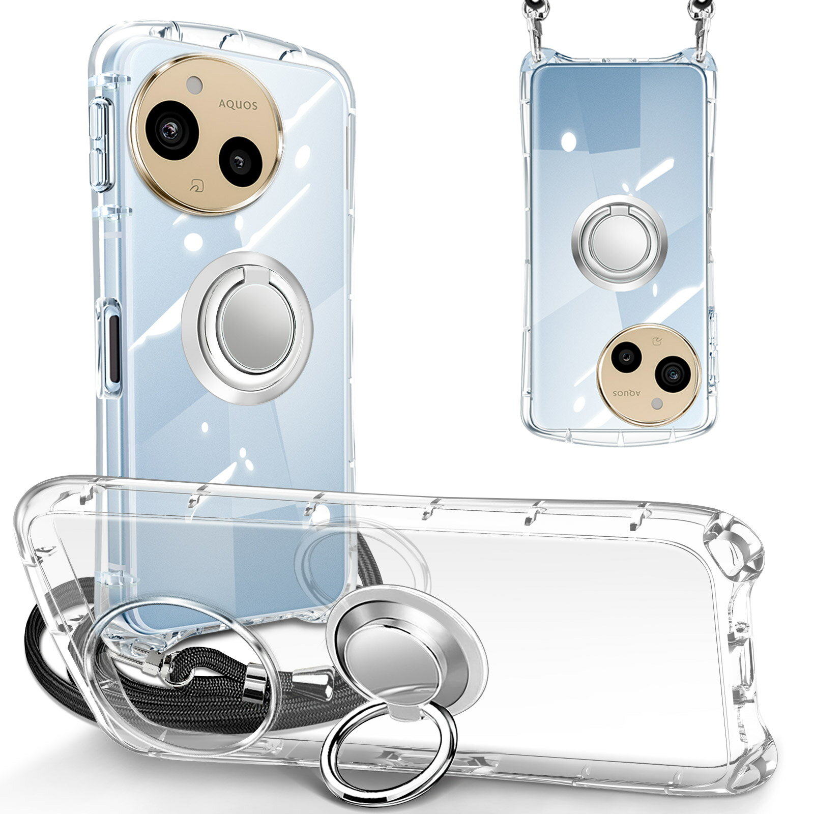aquso wish5 ケース SH-52F ケース aquso wish5 カバー SH-52F カバー AQUOS sense9 SH-53E ケース ショルダー ストラップ付 リング クリア SHG14 カバー 透明 縄掛け 肩掛け 斜めかけ TPU 耐衝撃 スタンド機能 横置き マグネット式車載ホルダー 韓国 可愛い SH-52F カバー