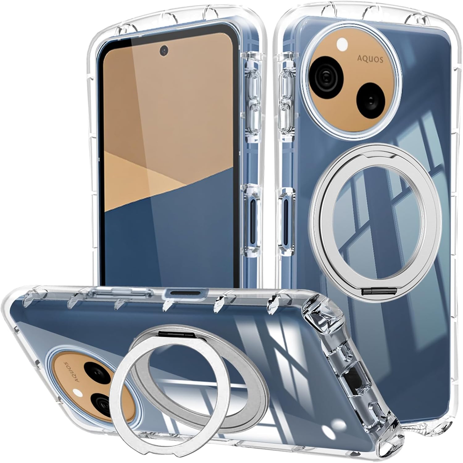 Rakuten - AQUOS sense10 / sense9 用 ケース リング クリア 耐衝撃 SH-53F SH-M33 SH-53E SHG14 カバー ストラップホール付き 静音360°回転スタンド 隠しスタンド 横/縦置き 四隅がエアクッション構造 車載ホルダー対応 軽量 薄型 人気 アクオス センス9 スマホケース 透明
