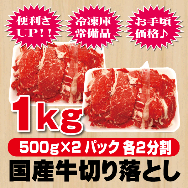 国産牛切り落とし1kg（500g×2個）大人気 焼肉 すき焼き しゃぶしゃぶ メガ盛 バーベキュー BBQ 【10,800円以上お買い上げで送料無料（沖縄除く）】