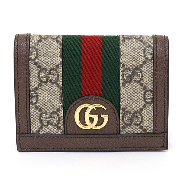 GUCCI グッチ オフィディア GG カードケース コイン＆紙幣入れ付き ミニ財布 コンパクトウォレット 二つ折り財布 GGスプリーム キャンバス レザー 523155 ベージュ ブラウン レッド グリーン ゴールド金具 【中古】Sランク 新品同様