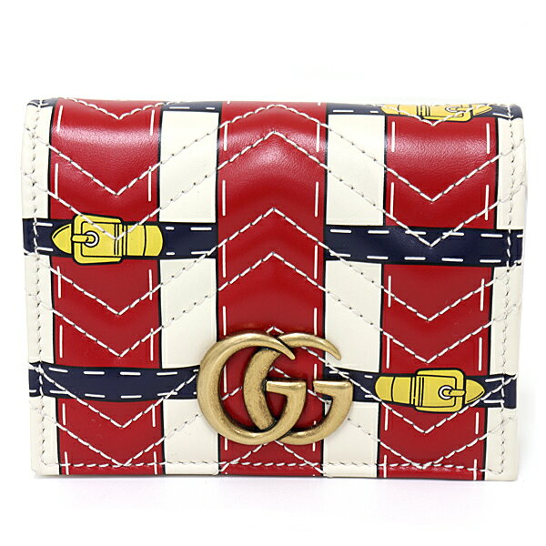 グッチ 革二つ折り財布 レディース GUCCI グッチ GGマーモント カードケース コイン＆紙幣入れ付き コンパクトウォレット 二つ折り財布　ミニ財布 キルティングレザー ベルト模様 466492 ホワイト レッド アンティークゴールド金具 未使用品