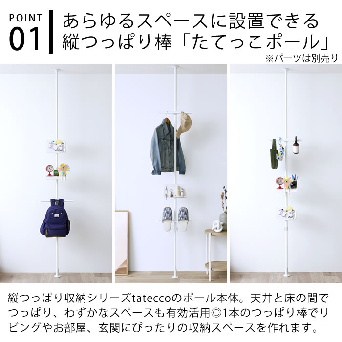 突っ張り棒 縦 tatecco タテッコ たてっこポール 本体 突っ張り棒 3m TCR-21WH つっぱり棒 収納 省スペース 縦つっぱり棒 シンプル リビング キッズハンガー マットホワイト 中国 玄関 ランドセル収納 子供部屋 お仕度ボード スリム