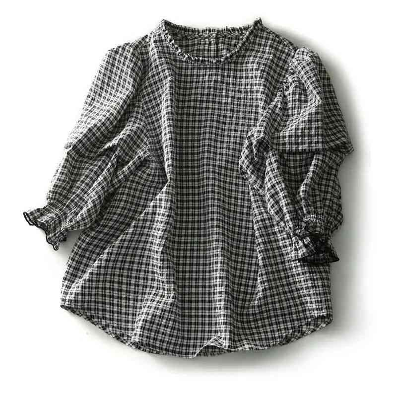 Rakuten - 送料無料 レディース シャツ ブラウス 5分袖 トップス 夏 チェック柄 パフ袖 Tシャツ カットソー おしゃれ 大きいサイズ フリル 大人可愛い ゆったり 着瘦せ 上品 韓国ファッション
