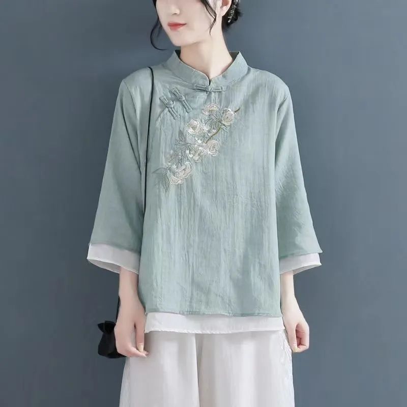 乐天商城 - 送料無料 ブラウス シャツ 7分袖 チャイナ シャツ トップス 花柄 レディース 綿麻 Tシャツ チャイナボタン 無地 中華 中国風 大きいサイズ ゆったり シンプル レトロ エレガント