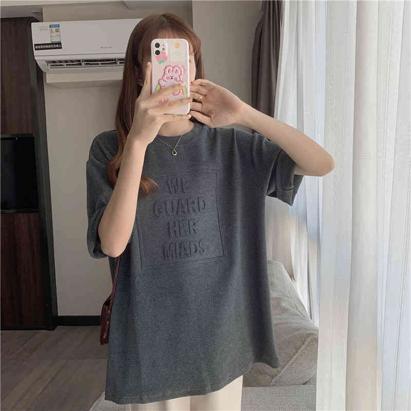 乐天商城 - Tシャツ レディース エンボスロゴ トップス カットソー プルオーバー ロング丈 ルーズシルエット