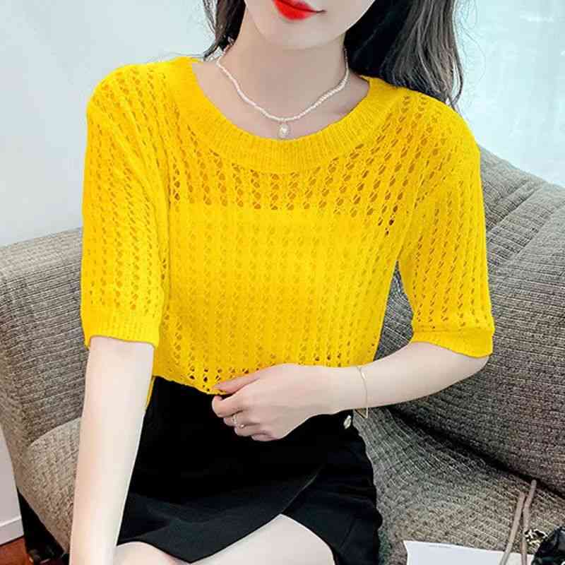 メッシュニット カットソー 5分袖 トップス 透かし編み 透け感 レディース 春 夏 薄手 丸首 ゆったり 体型カバー おすすめ カジュアル おしゃれ カラバリ豊富 2023春夏新作 送料無料