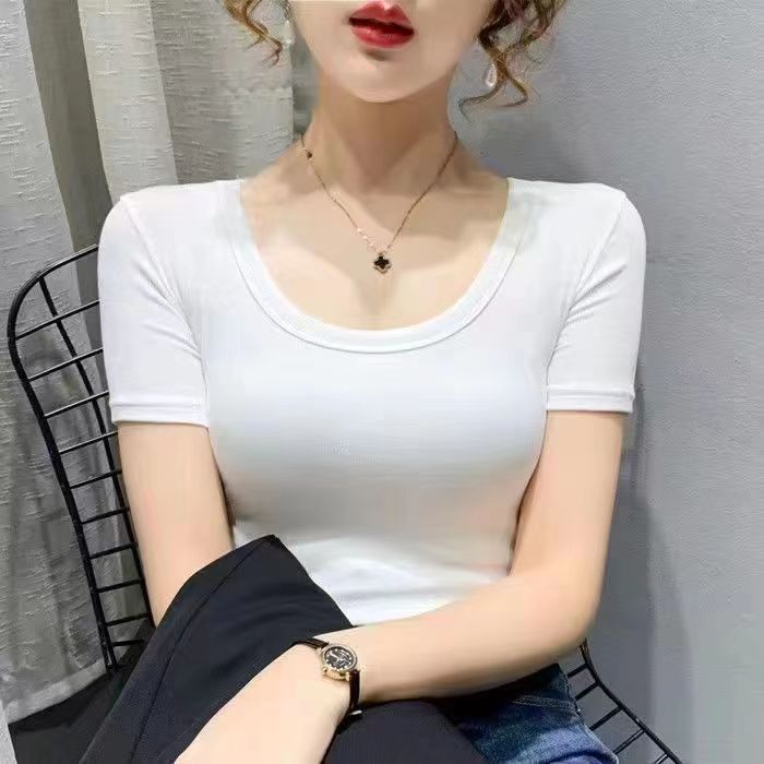 乐天商城 - 送料無料 キレイめ セクシー Uネック ショートスリーブ Tシャツ レディース スリム フィット インナー 無地 春 夏 半袖tシャツ チュニック