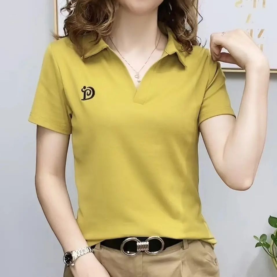 乐天商城 - 送料無料 ポロシャツ レディース 半袖 Tシャツ カットソー トップス シャツ スリム 襟 ボタン 刺繡 キーネック 無地 カジュアル シンプル 大人 おしゃれ