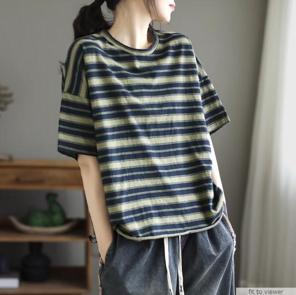乐天商城 - 送料無料 Tシャツ レディース ゆったり ボーダー チュニック 半袖Tシャツ 無地 5分袖 涼しい トップス コットン 綿 ゆったり 体型カバー 丸首 Uネック クルーネック