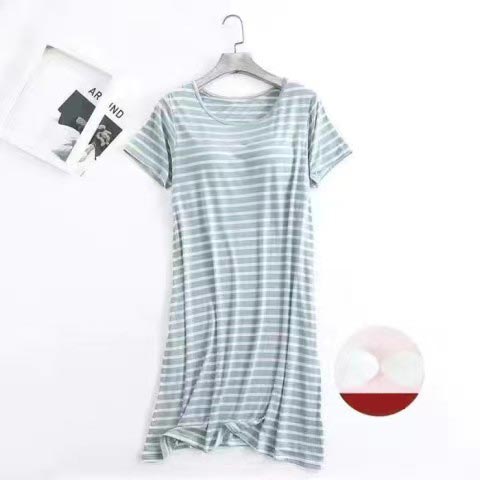 ブラなしでこれ1枚で着られる!ボーダー 半袖 ルームウェア ワンピース さらさら パジャマ 部屋着 パッド付き 胸パッドワンピース インナー