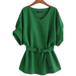 乐天商城 - 綿麻Tシャツ トップス レディース 春秋 ロングTシャツ 半袖 ゆったり 大きいサイズ 体型カバー 通勤 通学 カジュアル Vネック ビジネス リボン