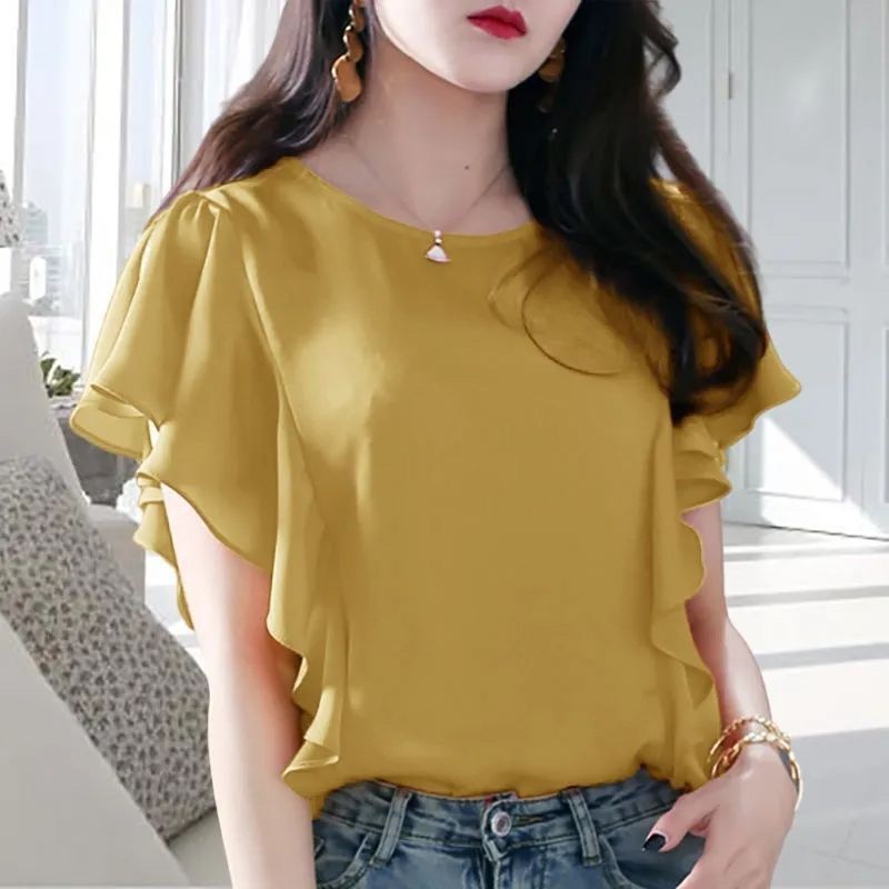 Rakuten - ブラウス フリル袖 レディース 半袖 トップス シャツ 可愛い 無地 カットソー 夏物 夏服 可愛い 大人 きれいめ 涼しい 薄手 クルーネック オフィス フォーマル 結婚式 パーティー 二次会