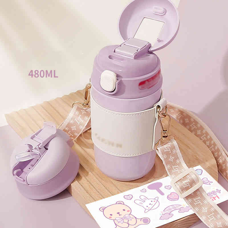 魔法瓶 子供 水筒 保冷 直飲み ストロー付き 保温 ステンレス 480ml 戸外コップ 滑り止め カップスリー..