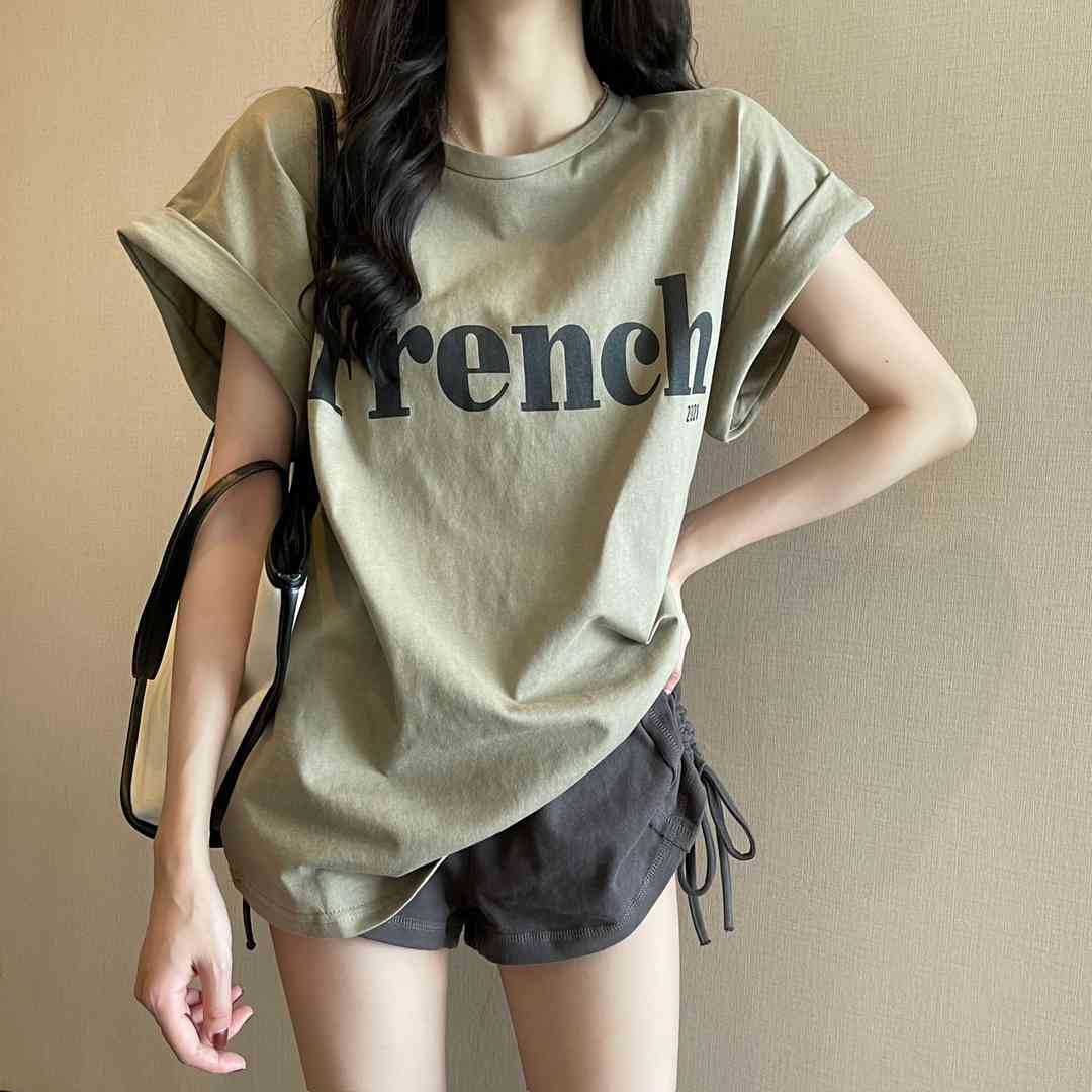 乐天商城 - ロゴTシャツ レディース フレンチスリーブ 半袖 トップス カットソー カジュアル きれいめ クルーネック 袖ロールアップ