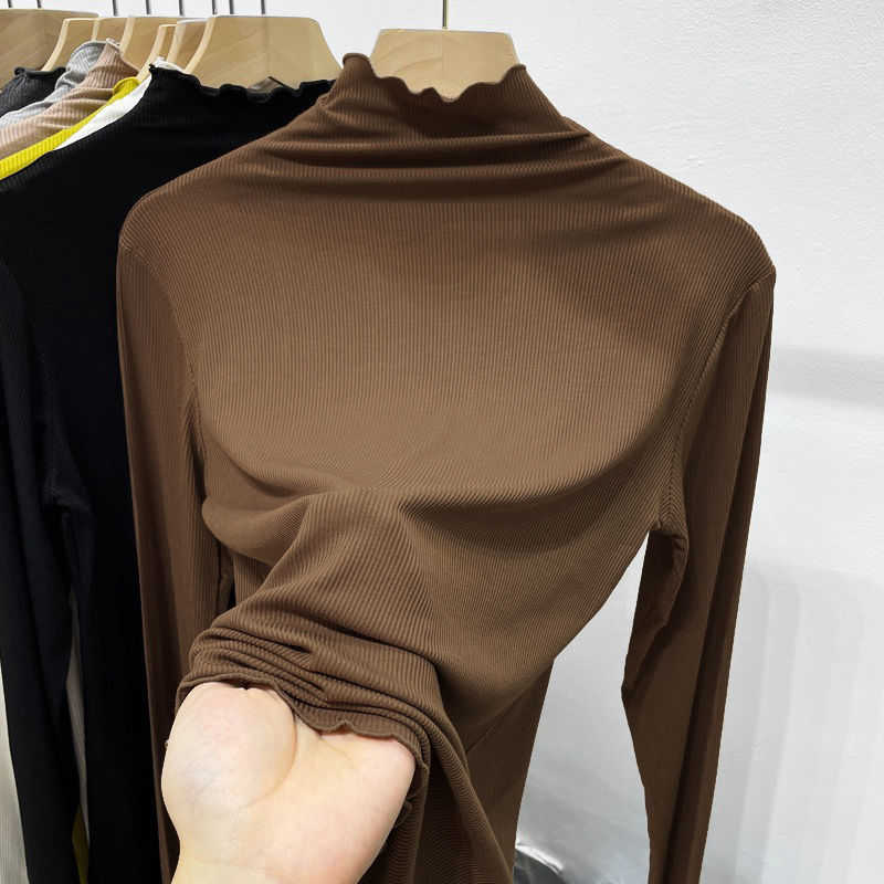 乐天商城 - ニット セーター レディース ハイネック リブニット フリルネック カットソー 長袖 秋 冬 薄手 インナー 無地 オフィス 大人 通勤 通学 細身