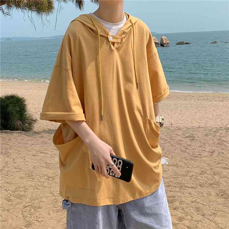 Men's short-sleeved hoodie, lightweight, available in large sizes, oversized fit, plain, perfect for spring and summer.