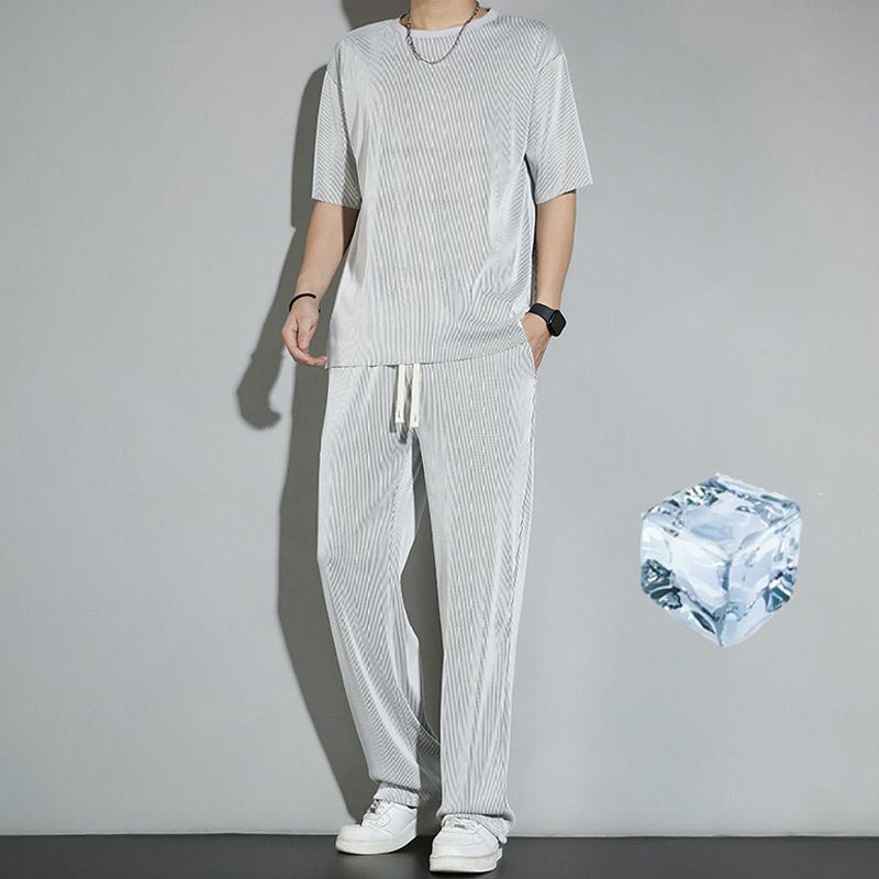 Hawaiian - 接触冷感 涼しい セットアップ メンズ ワイドパンツ Tシャツ 上下セット ルームウェア 部屋着 半袖 サマー 夏 春夏 夏服 カジュアル 韓国ファッション