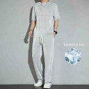 2点セット セットアップ メンズ 半袖 Tシャツ ワイドパンツ 接触冷感 夏 薄手 ロングパンツ アイスシルク 上下セット スポーツ 運動着 ルームウェア 大き...