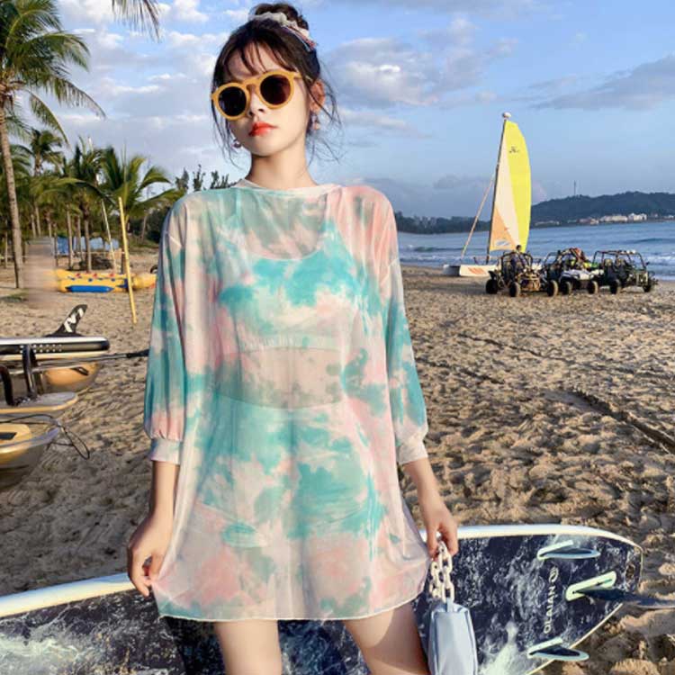 シアートップス付き！水着 セパレート レディース 長袖 タイダイ染め カップ付き おしゃれ 3点セット タンキニ スイムウェア かわいい ラッシュガード 上下セット ショートパンツ 水遊び 海水浴 露出控えめ