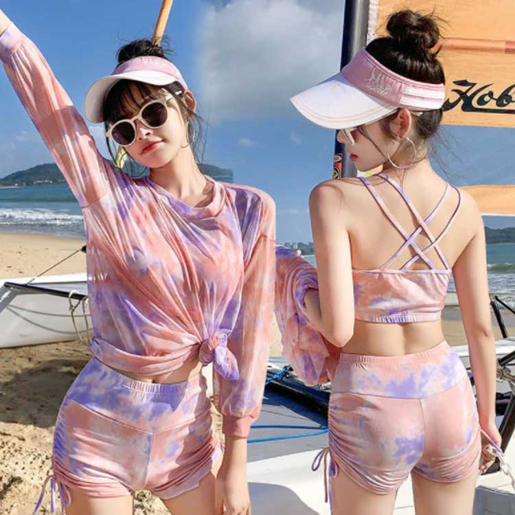 シアートップス付き！水着 セパレート レディース 長袖 タイダイ染め カップ付き おしゃれ 3点セット タンキニ スイムウェア かわいい ラッシュガード 上下セット ショートパンツ 水遊び 海水浴 露出控えめ