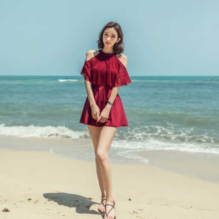 レース ワンピース水着 レディース 水着 ワンピース 体型カバー水着 フレア 花柄 オフショルダー セクシー バックシャン 透け 露出控えめ オトナ女子 ママ水着 20代 30代 40代 ブラック ワインレッド M L XL 2XL