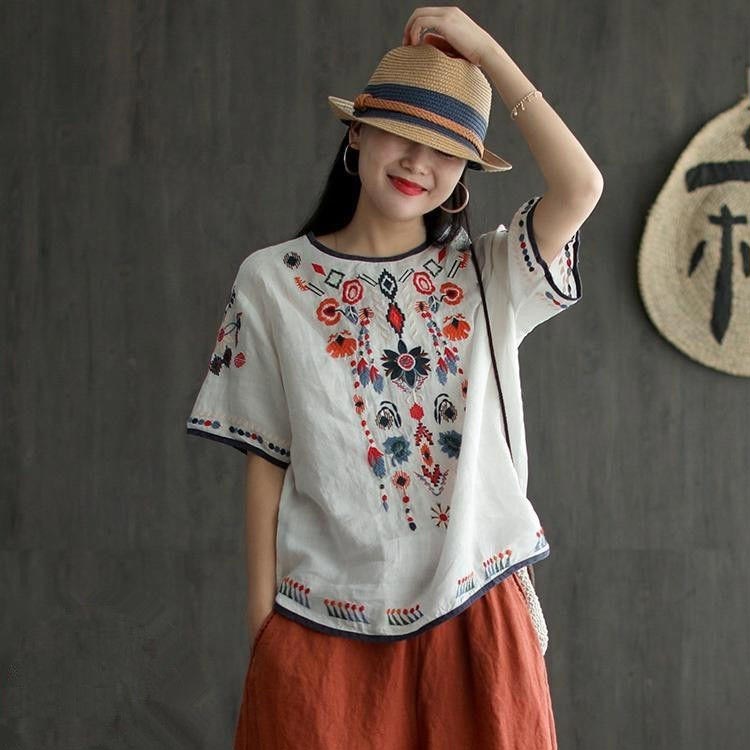 刺繍 ブラウス 半袖 レディース Tシャツ トップス 花柄刺繍 半袖シャツ エスニック...