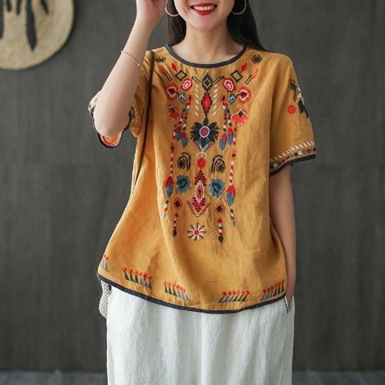 刺繍 ブラウス 半袖 レディース Tシャツ トップス 花柄刺繍 半袖シャツ エスニック...
